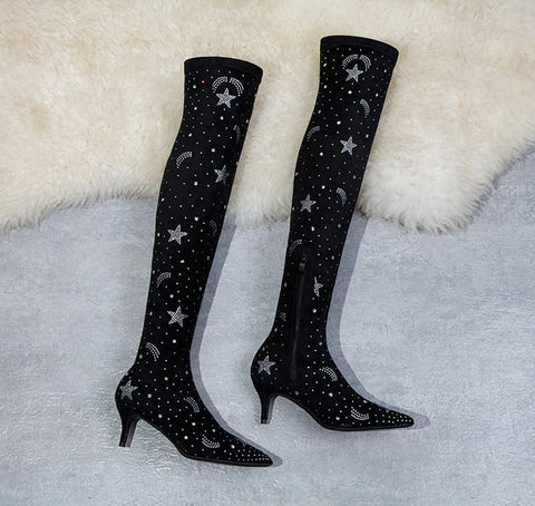 Starry Sky Patterned ,Rhinestone, Zipper, Above Knee, Elastic, Fall and Winter Plus Size Boot CODE: KAR1177