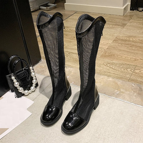 Sexy Breathable Block Heel Patent Leather Knee High Boots CODE: KAR1187