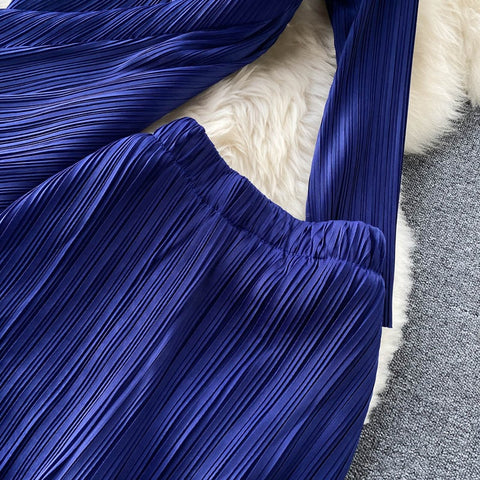 New Long Sleeve V-Neck Top, Wide Legs, Solid Color Pleated Two Piece Set CODE: KAR1226