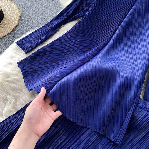 New Long Sleeve V-Neck Top, Wide Legs, Solid Color Pleated Two Piece Set CODE: KAR1226