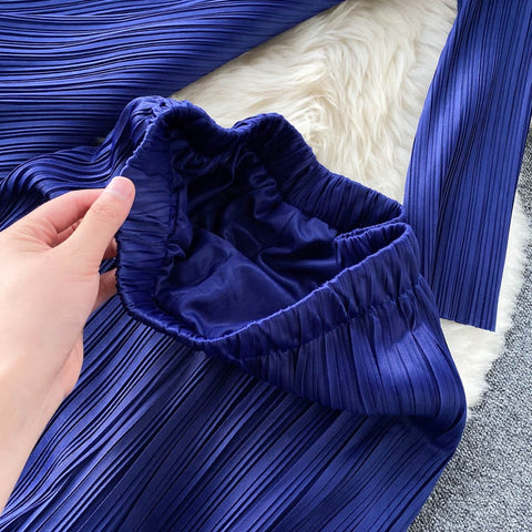 New Long Sleeve V-Neck Top, Wide Legs, Solid Color Pleated Two Piece Set CODE: KAR1226