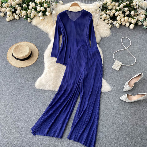 New Long Sleeve V-Neck Top, Wide Legs, Solid Color Pleated Two Piece Set CODE: KAR1226