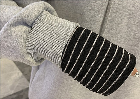 New Oversized, Loose Sweatshirt, Long, Patchwork, Striped Collar and Cuff, Casual Hoodie Coat CODE: KAR1231