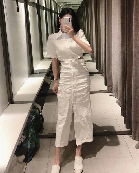New Collection Cut Out Waist Fashionable Design Sexy Elegant Short Sleeve Midi Dress CODE: KAR1283