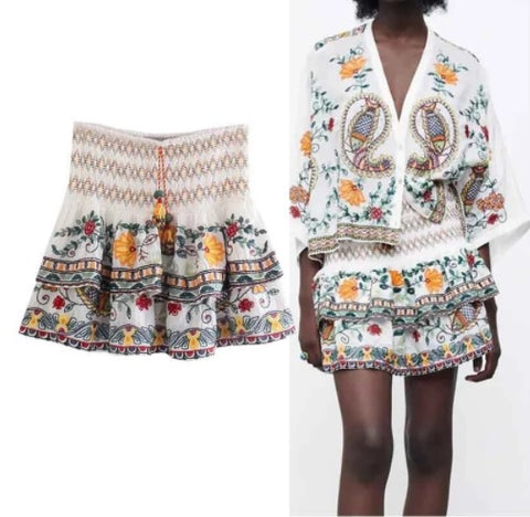 New Mini, Embroidered, High Waist, White, Boho Style, Mini Skirt CODE: KAR1284