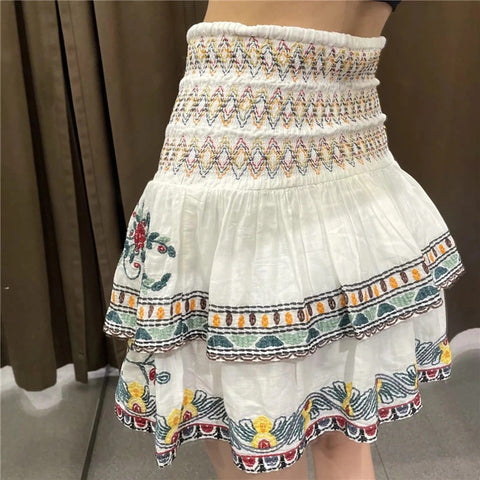 New Mini, Embroidered, High Waist, White, Boho Style, Mini Skirt CODE: KAR1284
