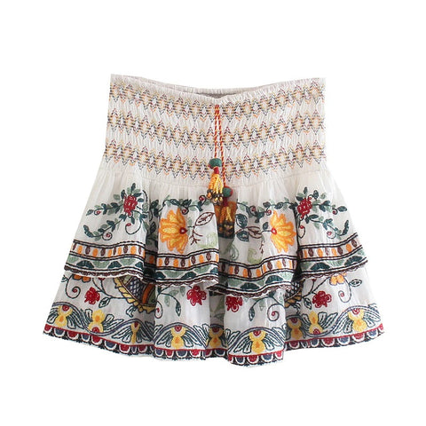 New Mini, Embroidered, High Waist, White, Boho Style, Mini Skirt CODE: KAR1284
