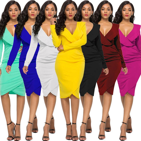 Sexy Office Casual  Long Sleeve High Waist Bodycon Midi Dress CODE: KAR1369