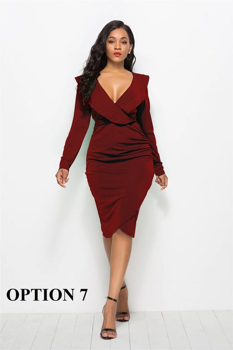 Sexy Office Casual  Long Sleeve High Waist Bodycon Midi Dress CODE: KAR1369