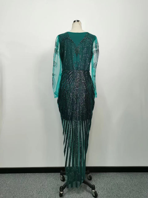 New Fashion Long Sleeve V-Neck Dark Green Sparkly Side Split Evening Dress CODE: KAR1410