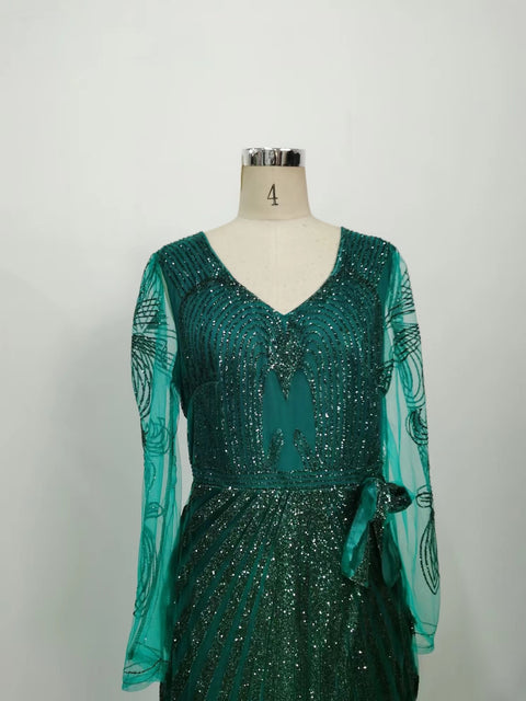 New Fashion Long Sleeve V-Neck Dark Green Sparkly Side Split Evening Dress CODE: KAR1410