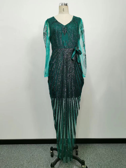 New Fashion Long Sleeve V-Neck Dark Green Sparkly Side Split Evening Dress CODE: KAR1410