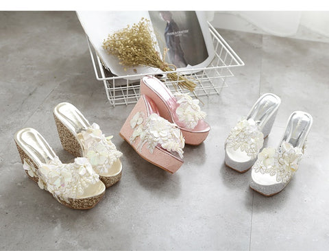 Flowers Lace Pearls Clear Wedge Super Flip flops Platform Sandal CODE: KAR1422