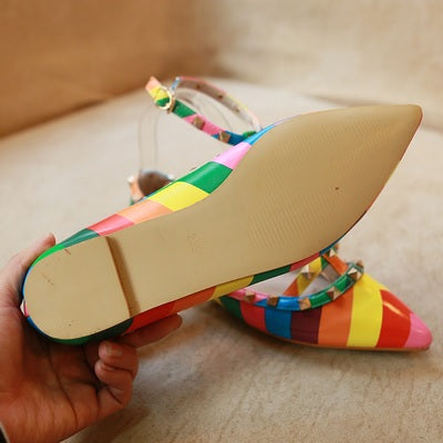 Rainbow Ankle Colorful Slip On Rivets Strappy Buckle Walking Soft Shoe CODE: KAR1429