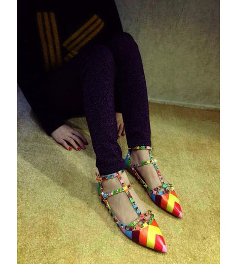 Rainbow Ankle Colorful Slip On Rivets Strappy Buckle Walking Soft Shoe CODE: KAR1429