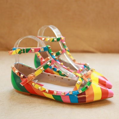 Rainbow Ankle Colorful Slip On Rivets Strappy Buckle Walking Soft Shoe CODE: KAR1429