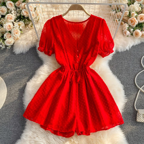 New Polka Dot Sexy V-neck Short Sleeve Slim Waist Playsuit CODE: KAR1430