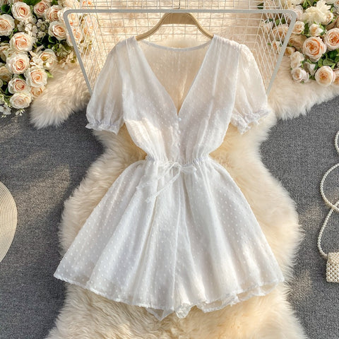 New Polka Dot Sexy V-neck Short Sleeve Slim Waist Playsuit CODE: KAR1430