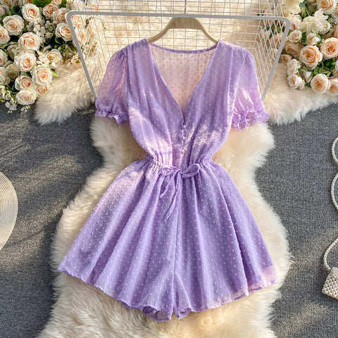 New Polka Dot Sexy V-neck Short Sleeve Slim Waist Playsuit CODE: KAR1430