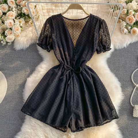 New Polka Dot Sexy V-neck Short Sleeve Slim Waist Playsuit CODE: KAR1430