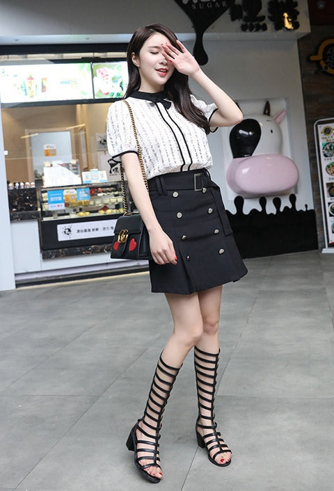 Hollow-Out Knee High Leather Strap Square Heel Boot CODE: KAR1435