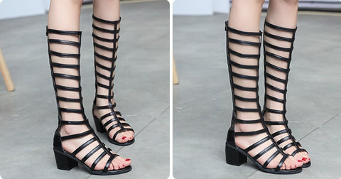 Hollow-Out Knee High Leather Strap Square Heel Boot CODE: KAR1435