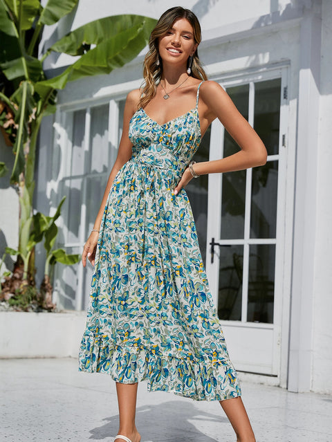 Summer High Waist Spaghetti Strap Backless Mid-calf Boho Beach Floral Print  Dress CODE: KAR1447