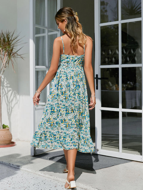 Summer High Waist Spaghetti Strap Backless Mid-calf Boho Beach Floral Print  Dress CODE: KAR1447