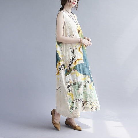 Summer Sleeveless Loose Linen Print Floral Tie Dye Casual Midi Dress CODE: KAR1476