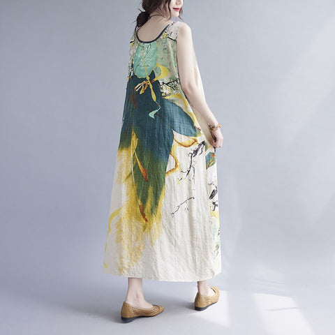 Summer Sleeveless Loose Linen Print Floral Tie Dye Casual Midi Dress CODE: KAR1476