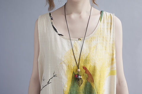 Summer Sleeveless Loose Linen Print Floral Tie Dye Casual Midi Dress CODE: KAR1476