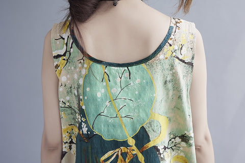 Summer Sleeveless Loose Linen Print Floral Tie Dye Casual Midi Dress CODE: KAR1476