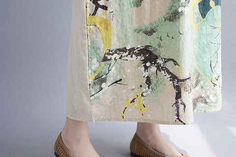 Summer Sleeveless Loose Linen Print Floral Tie Dye Casual Midi Dress CODE: KAR1476