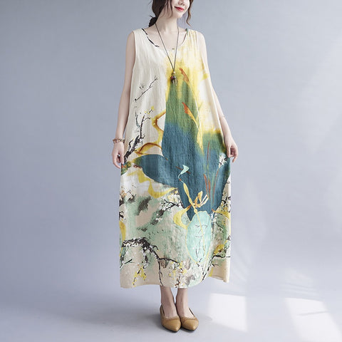 Summer Sleeveless Loose Linen Print Floral Tie Dye Casual Midi Dress CODE: KAR1476