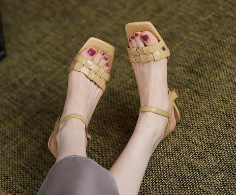 New Square Toe Belt Buckle Ankle Strap Kitten Heel Sandals CODE: KAR1486