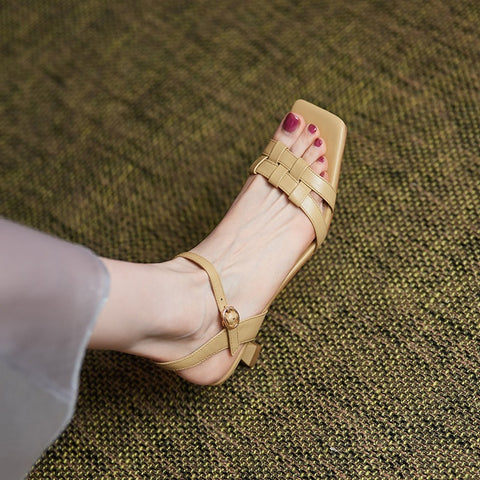 New Square Toe Belt Buckle Ankle Strap Kitten Heel Sandals CODE: KAR1486