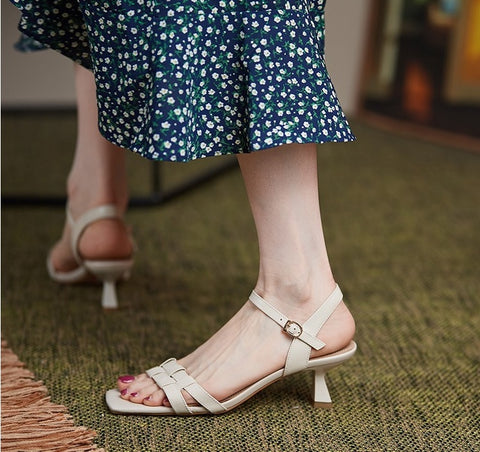 New Square Toe Belt Buckle Ankle Strap Kitten Heel Sandals CODE: KAR1486