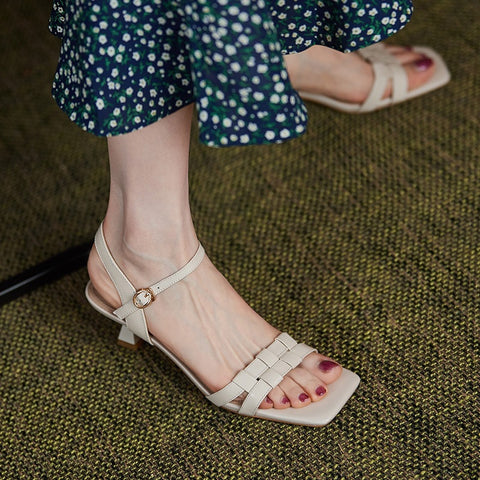 New Square Toe Belt Buckle Ankle Strap Kitten Heel Sandals CODE: KAR1486