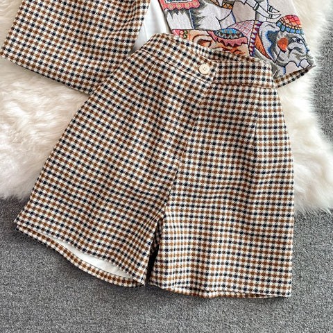 Runway Floral Grid Print Notched Single-Breasted Sleeveless Blazer Jacket + Wide Leg Short Pant 2 Piece Set  CODE: KAR1510
