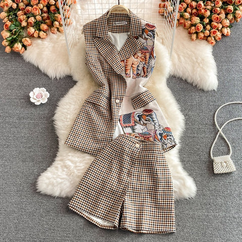 Runway Floral Grid Print Notched Single-Breasted Sleeveless Blazer Jacket + Wide Leg Short Pant 2 Piece Set  CODE: KAR1510