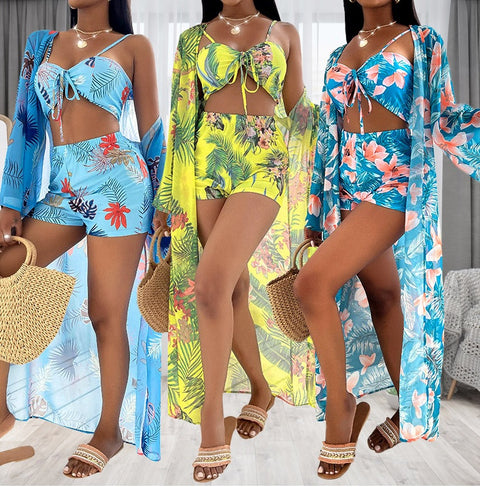 New  Long Sleeve Cover Up Print Beach Wear High Waist Shorts 3 Piece Bikini Set Bandage Swimsuit CODE: KAR1515