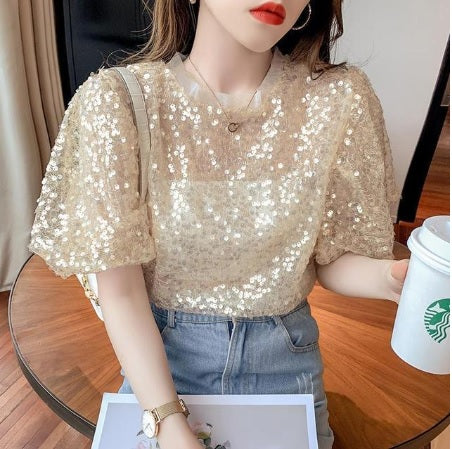 Summer New Sequined Short-sleeved O-neck Casual Loose Top CODE: KAR1517