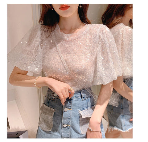 Summer New Sequined Short-sleeved O-neck Casual Loose Top CODE: KAR1517