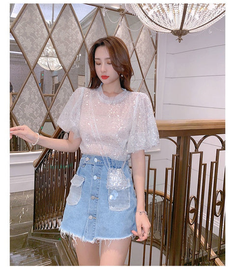 Summer New Sequined Short-sleeved O-neck Casual Loose Top CODE: KAR1517