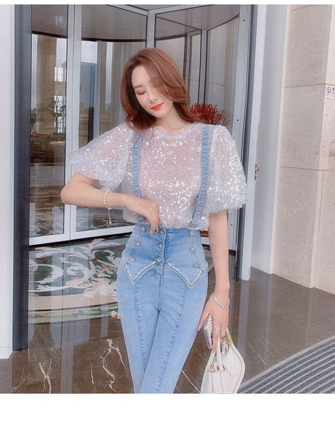 Summer New Sequined Short-sleeved O-neck Casual Loose Top CODE: KAR1517