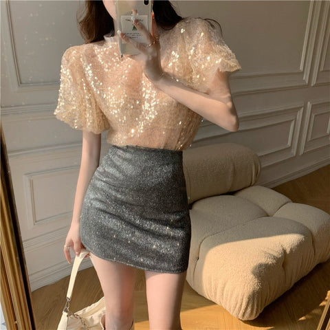 Summer New Sequined Short-sleeved O-neck Casual Loose Top CODE: KAR1517