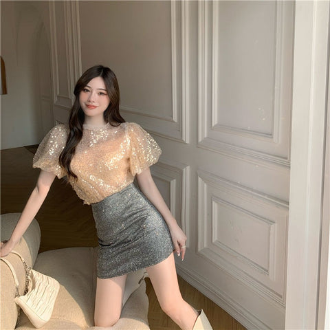 Summer New Sequined Short-sleeved O-neck Casual Loose Top CODE: KAR1517