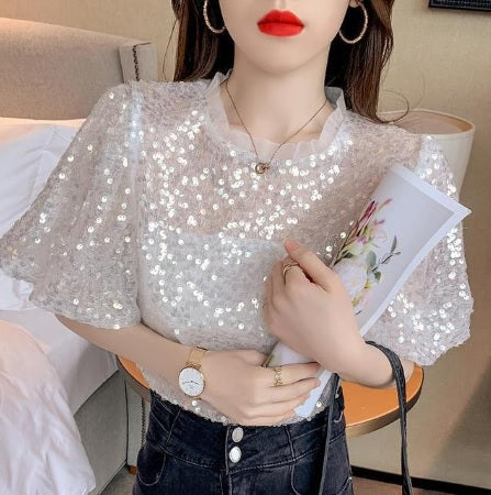 Summer New Sequined Short-sleeved O-neck Casual Loose Top CODE: KAR1517