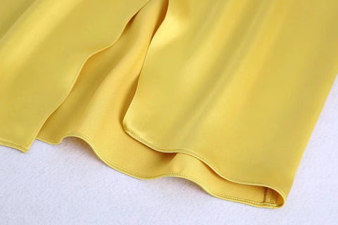 Summer Yellow Print Shirt High Waist Pleated Straight Midi Skirt CODE: KAR1523