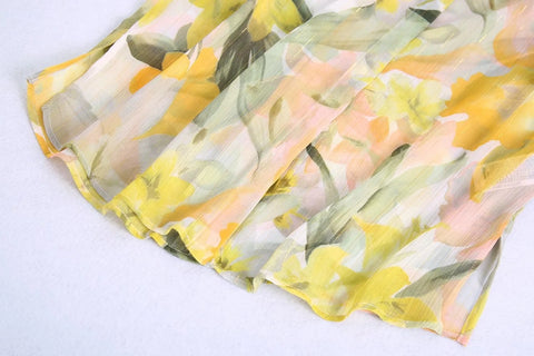Summer Yellow Print Shirt High Waist Pleated Straight Midi Skirt CODE: KAR1523